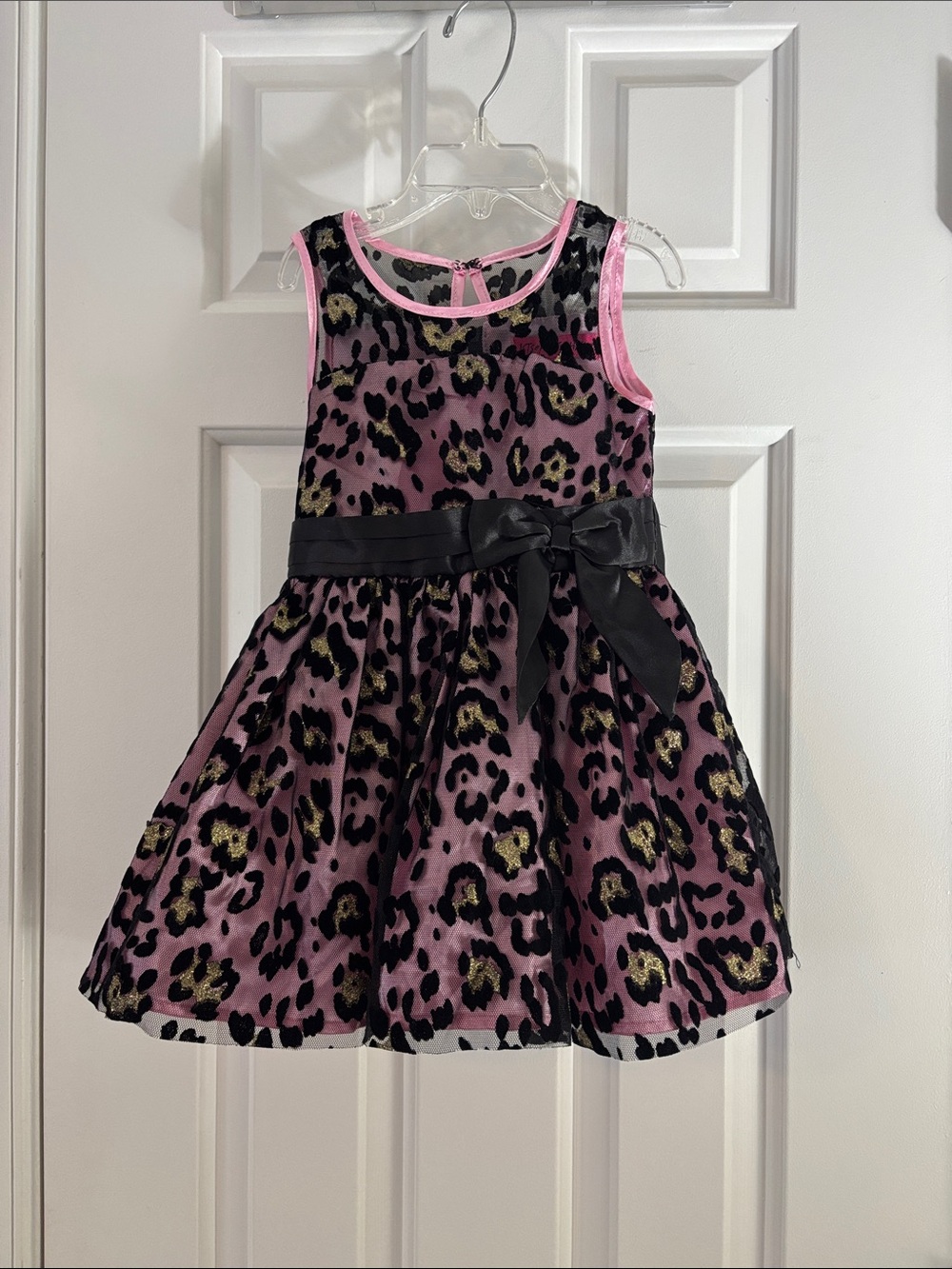 Betsey Johnson Pink Leopard-Print Holiday Dress with Black Bow
